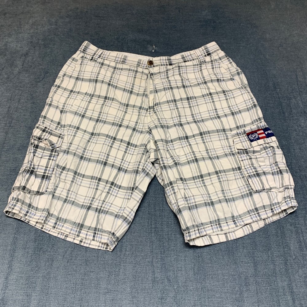Phat Farm Cargo Shorts Mens 36 White Plaid Cotton Comfort Fit Outdoor Hiking